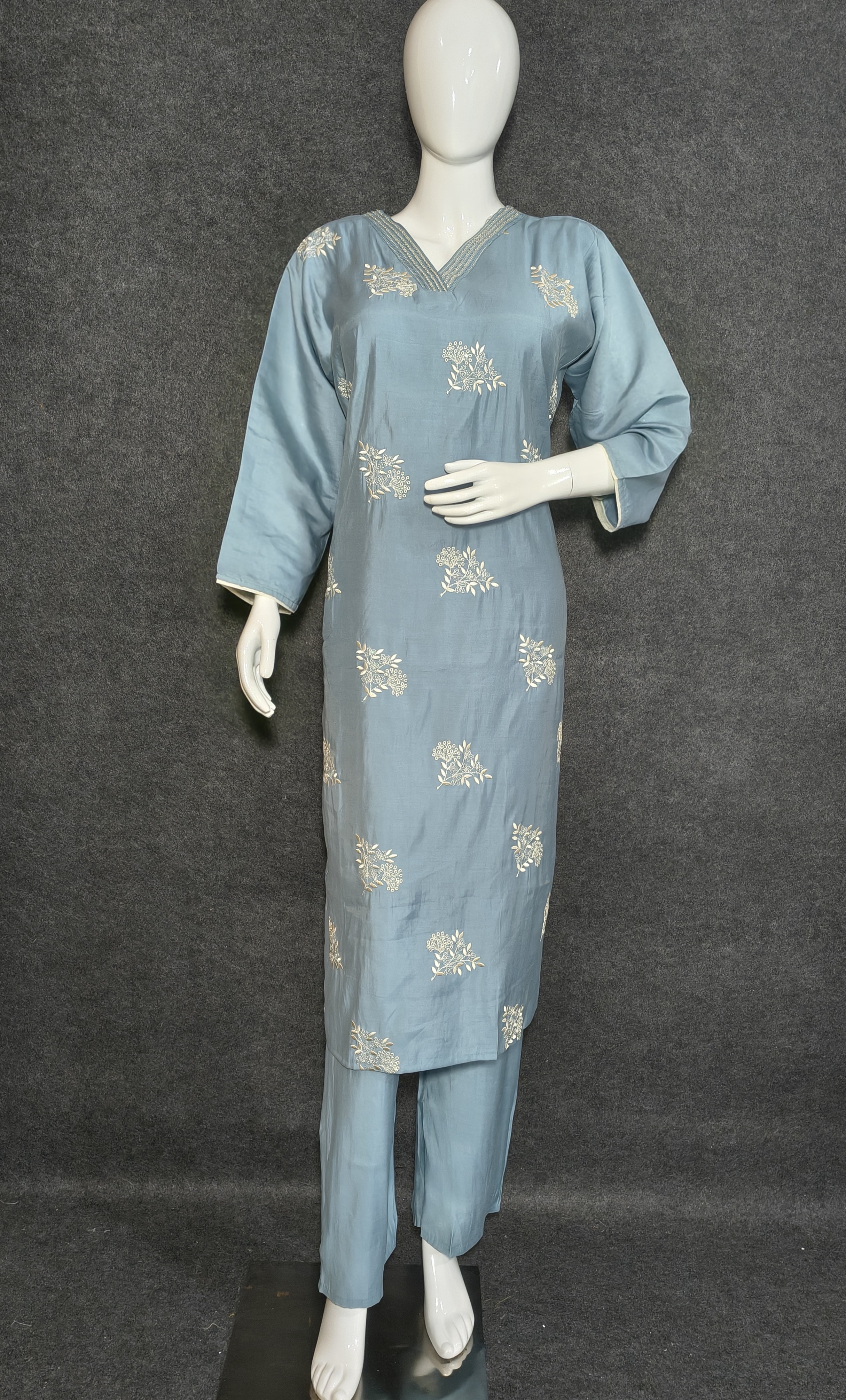 Light Blue Silk Suit with Matching Silk Dupatta - Hover view